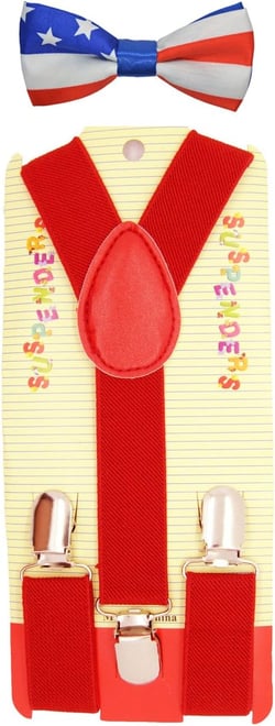 Baby Toddler Kids Children Boys Girls Y-Back Elastic Suspender & Bow Tie Plain Or Design Set Red/Usa