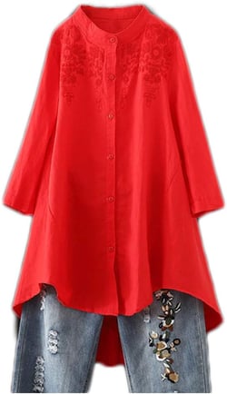 Minibee Women's Cotton Linen Shirt High Low Button Down Embroidered Blouse Long Sleeve Tunic Tops X-Large Red