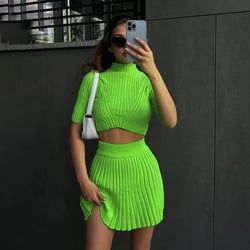 Women's Pit Stripe Knitted 2-Piece Set Short Sleeved High Collar Crop Top+High Waist Pleated Mini Skirt Spring Summer New 2022