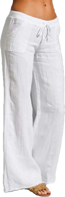 Andongnywell Women's Cotton and Linen Casual Pants Big feet Flared Drawstring Pocket Solid Color Wide Leg Pants Large White
