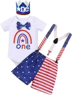 AWIBMK Baby Boys Suits Set T-Shirt Overalls Suspenders Shorts Pants Wedding Tuxedo Outfits Cake Smash Formal Clothes Blue Red Stripe Stars 6-12Months