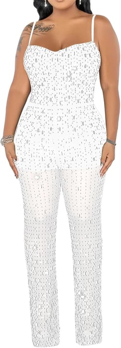 Qikaka Women's Sleeveless Rhinestones Bodycon Mesh Wide Leg Sexy Nightclub Jumpsuit Rompers X-Large White