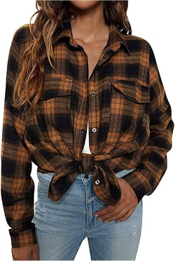 Flannel Long Sleeve Shirts for Women Casual Plaid Button Down Plaid Shirt Tops 2023 Fall Lapel Shacket Jacket Coats