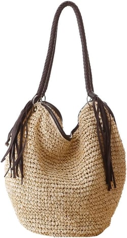 Womens Casual Straw Handbags Woven Shoulder Bag Large Hobo Bucket Tote Bag Summer Beach Top Handle Purse with Tassels, Beige