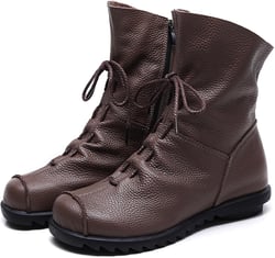 Lossarye Women's Soft Genuine Leather Lace Up Flat Boots Handmade Wide Round Toe Side Zipper Comfortable Warm Fur Lined Anti-Slip Booties 4.5 Brown