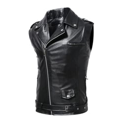 Maiyifu-GJ Men's Faux Leather Biker Sleeveless Jacket Vintage Asymmetric Zip Motorcycle Vest PU Lightweight Punk Belted Coat (Black,Large)