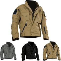 MUGUOY Mens All-terrain Versatile Tactical Jacket,Waterproof Military Jackets with 12 Pockets,Windproof Casual Utility Outdoor Sportwear,Solid Color Stand-Up Collar Warm Coat. (XL, Khaki) X-Large Khaki