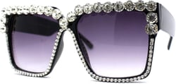 Womens Heavy Bejeweled Rhinestone Square Horn Rectangle Sunglasses Black Smoke