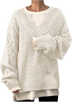 Firzero Sweaters for Women, Long Sleeve Solid Color Round Neck Oversize Tops, Casual Loose Winter Autumn Knitted Sweaters Blouse Fall Winter Warm Sweaters Medium White_2