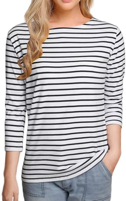 LilyCoco Womens 3/4 Length Sleeve Tops Striped Boatneck Shirt Breton French Cotton Tee Black and White Medium