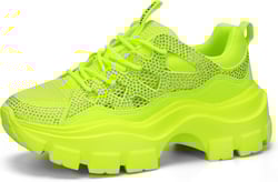 LUCKY STEP Women Chunky Platform Dad Colorblock White Neon Green Fuchsia Hologram Silver Casual Lace-Up Walking Sneakers 6 Neon Yellow Rhinestone
