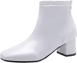 Women Ankle Booties Patent Leather Glossy Short Boots Square Toe Dress Shoes 5 White