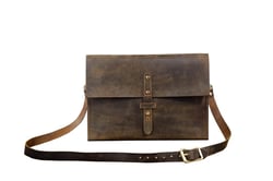 Rustic distressed leather crossbody bag, slim leather computer laptop bag for men, brown leather shoulder messenger bag CB05NC