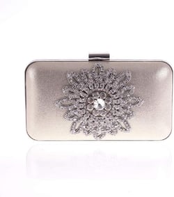 Abbie Home Metallic PU Leather Clutch Crystal Rhinestone Jewelry Décor Women's Evening Handbag Champagne