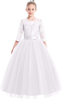 Flower Girls Lace Dress for Kids Wedding Bridesmaid Pageant Party Maxi Gown Princess Communion Puffy Tulle Ball Dresses 7-8 Years # White