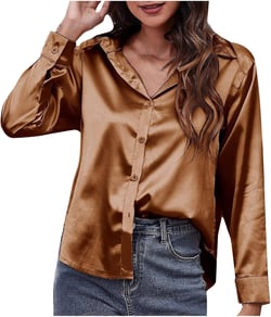 Stain Shirts for Women Trendy Long Sleeve Button Down Blouses Elegant V Neck Super Soft Silk Work Tops with Pockets XX-Large Brown