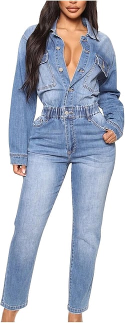 hlysgo Women's Sexy Button Down Slim Fit V Neck Long Sleeve Denim Jumpsuit Fashion Lapel Full Length Jeans Rompers Overalls Small 01 Blue
