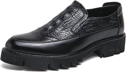 Men's Printed Leather Platform Loafers Comfortable Pointed Toe Slip On Lug Sole Business Oxfords for Party Wedding Office Dress Shoes 10 Black