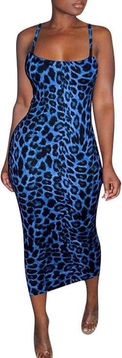 Women's Sexy Spaghetti Strap Sleevless Leopard Print Bodycon Midi Club Cocktail Dress