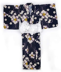 Women's Traditional Japanese Kimono Cotton Sakura Print Yukata Long Robe with OBI Belt Geisha Dress (15# Navy)