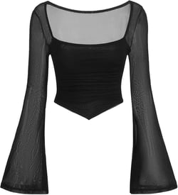 Avanova Women Mesh Bell Long Sleeve Crop Top Square Neck Asymmetrical Hem Shirt Black A Medium