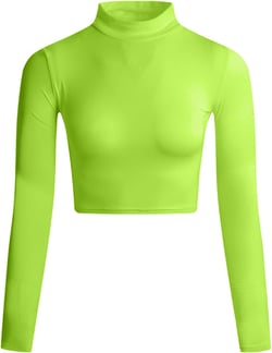 LONGBIDA Women's Long Sleeve Mock Neck Pure Soft Thin Sexy Stretch Crop TOP T Shirt Neon Green Large
