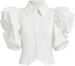 OYOANGLE Women's Elegant Button Down Ruffle Short Puff Sleeve Collared Neck Blouse Party Cocktail Shirt Tops White L