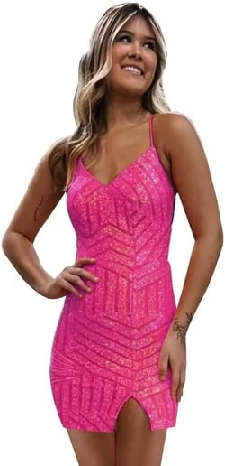 RSOETOO Women's Sequin Homecoming Dress Short Sparkly Glitter Homecoming Dresses with Slit for Teens RO057B Hot Pink 12