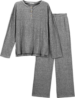 Ekouaer Womens Ribbed Knit Lounge Set Long Sleeve Henley Neck Top and Long Pants Two Piece Soft Sleepwear Matching Outfits Dark Gray Medium
