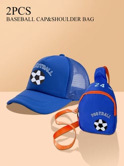 2pcs Teen Boys' Soccer Truck Cap & Soccer Backpack Set, Mesh Breathable, Suitable For Sun Protection In All Seasons And Daily Outings, Suitable For Back To School Storage