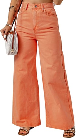 LEMAFER Women's Orange Acid Wash High Waist Wide Leg Jeans Casual High Waist Shift Pants for Pocket 12 Orange