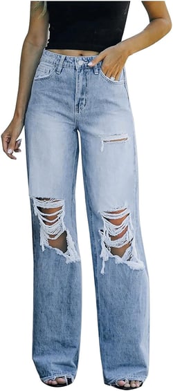 ZAKAY Women's Ripped Mid Waisted Boyfriend Jeans Loose Fit Distressed Stretchy Denim Pants Straight Ankle Raw Hem Jeans Medium 03-blue Jeans for Women