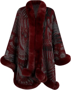 Womens Faux Fur Trim Coat Shawls Wrap Winter Vintage Open Front Cardigan Poncho Cape Cloak Medium Winered