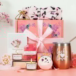 Valentine Gifts For Women Best Friend, Pink Relaxing Spa Gift Box Basket For Her, Unique Gifts for Women Mom Sisters Wife Girlfriend Who Have Everything, Happy Birthday Tumbler Bath Gift Boxes Set