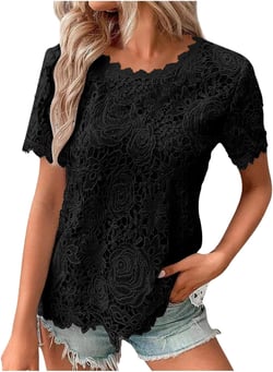 Summer Tops for Women 2024 Lace Crochet Embroidery Crewneck T Shirts Dressy Casual Short Sleeve Elegant Work Blouses X-Large Black