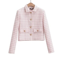 Women's Jacket Autumn Vintage Tweed Blazers Coats Fashion Single-breast Pink Plaid Suit Female New in Outerwears Clothing Top