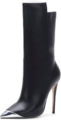 Women Retro Metal Pointed Toe Ankle Booties High Stiletto Heel Side Zipper Solid Boots for Daily 9 Black
