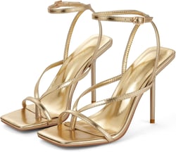 Elisabet Tang Women's Strappy Heels Sandals Square Toe Thong Heeled Open Toe Ankle Buckle Strap Heeled Sandals Stylish Dress Shoes