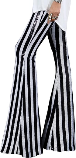 EVALESS Women Sequin Pants Sparkly Glitter High Waisted Wide Leg Flare Trousers Bell Bottom Night Out Clubwear XX-Large White Stripe