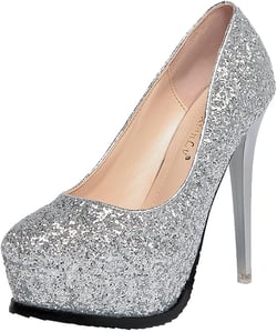 Agodor Women's Glitter Platform High Heel Stilettos Round Toe Platform Pumps Sequin Sparkle Shoes 4.5 Silver