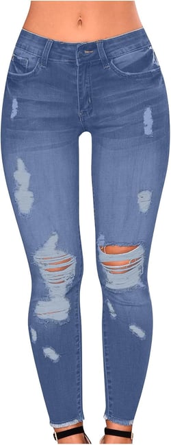 Women's Ripped Distressed Jeans Low Waisted Casual Skinny Denim Pants Silm Fit Comfy Lounge Date Jeans with Pockets Small Blue