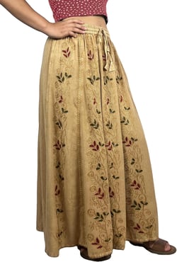 Agan Traders Women's 2024 Fall A Line Flared Floral Embroidered Panel Flowy High Waisted Maxi Skirt Large-X-Large Camel C