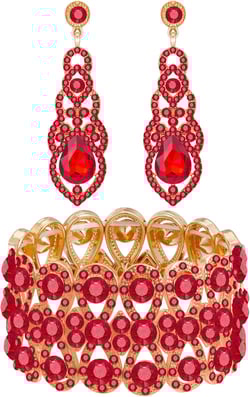 Womens Rhinestone Crystal Wedding Bridal Bridesmaid Tennis Bangles Statement Elastic Stretch Bracelets Rhinestone Chandelier Wedding Bridal Drop Dangle Earrings Jewelry Sets Red(Gold)