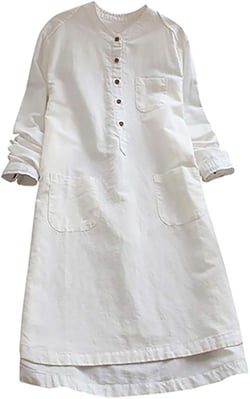 iQKA Women Plus Size Cotton Linen Button Down Shirt Dress Long Sleeve Casual Loose Pockets Mini Tunic Dress Medium White
