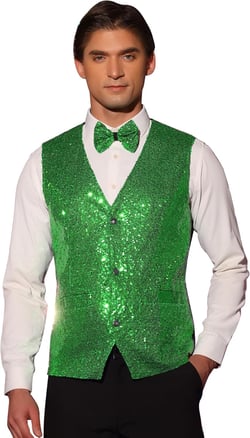 Lars Amadeus Men's Sequin Shiny Slim Fit Vest Sleeveless Suit Waistcoat Set with Bow Tie XX-Large Green
