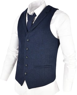 VOBOOM Mens Herringbone Tailored Collar Waistcoat Fullback Wool Tweed Suit Vest Small Navy Blue