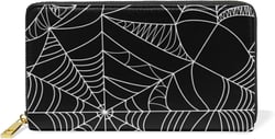 Halloween White Spider Web on Black Dark Seamless Pattern Leather Long Wallet Organizer with Zipper Purse Clutch Bag for Women Men Key Card Coin Passport Checkbook 4.13"(L) x 7.48"(W) Multi 9