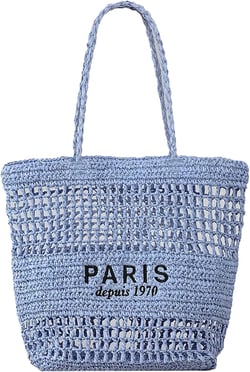 Straw Beach Bag Women PARIS Letter Woven Tote Shoulder Crochet Handbag Mesh Summer Vacation Picnic Purse Blue
