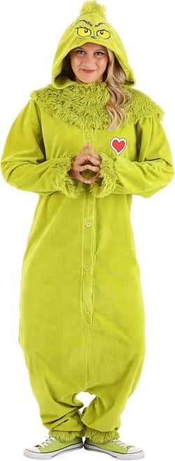 Dr. Seuss The Grinch Costume for Adults, Grinch Jumpsuit with Hood, Furry Green Monster Onesie Outfit Small/Medium