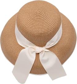 surell Straw Wide Brim Hepburn Hat with White Ribbon - Cute Summer Beach Hat for Women - Straw Bucket Hat with Bow - (Natural/Cream)